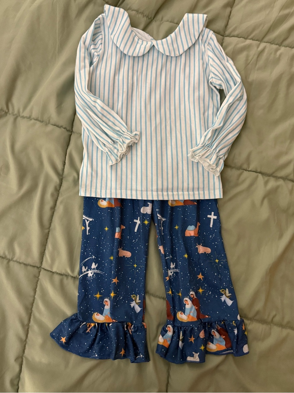 Blue Striped Top & Navy Nativity Ruffle Pajama Set for Kids